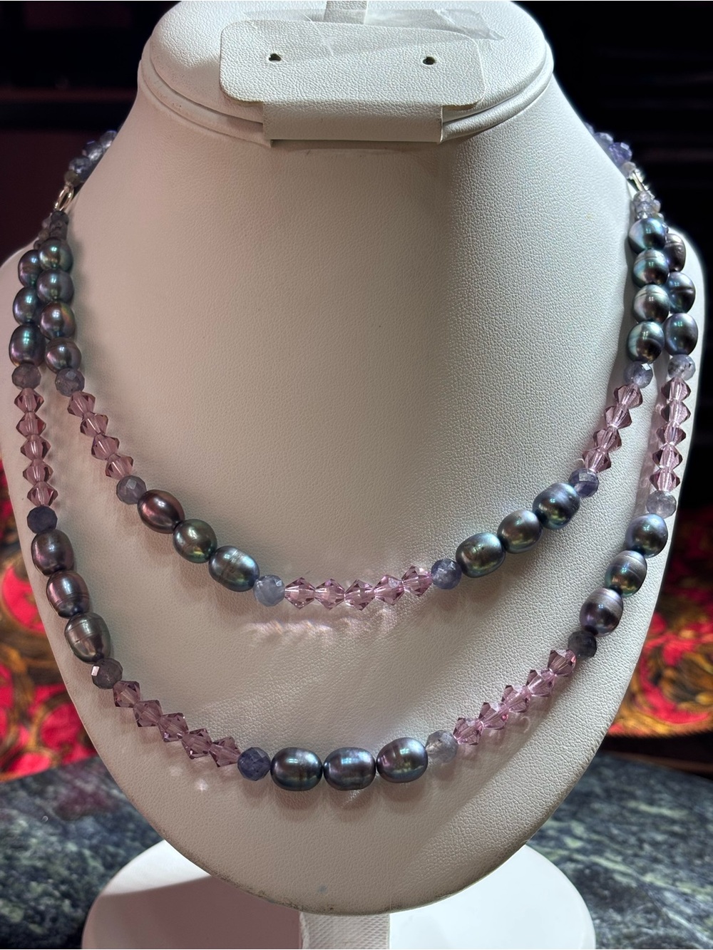 Freshwater Gray Pearls with Violet Blue and Light Pink Double-Strand Necklace